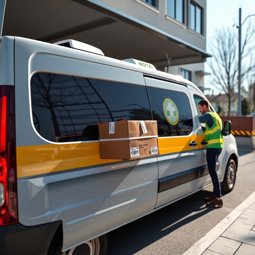 A photorealistic image depicting a NovTaxi van safely and securely delivering a package to a customer. The image should emphasize safety and reliability. The lighting should be clear and natural. The camera angle should focus on the delivery process itself.
