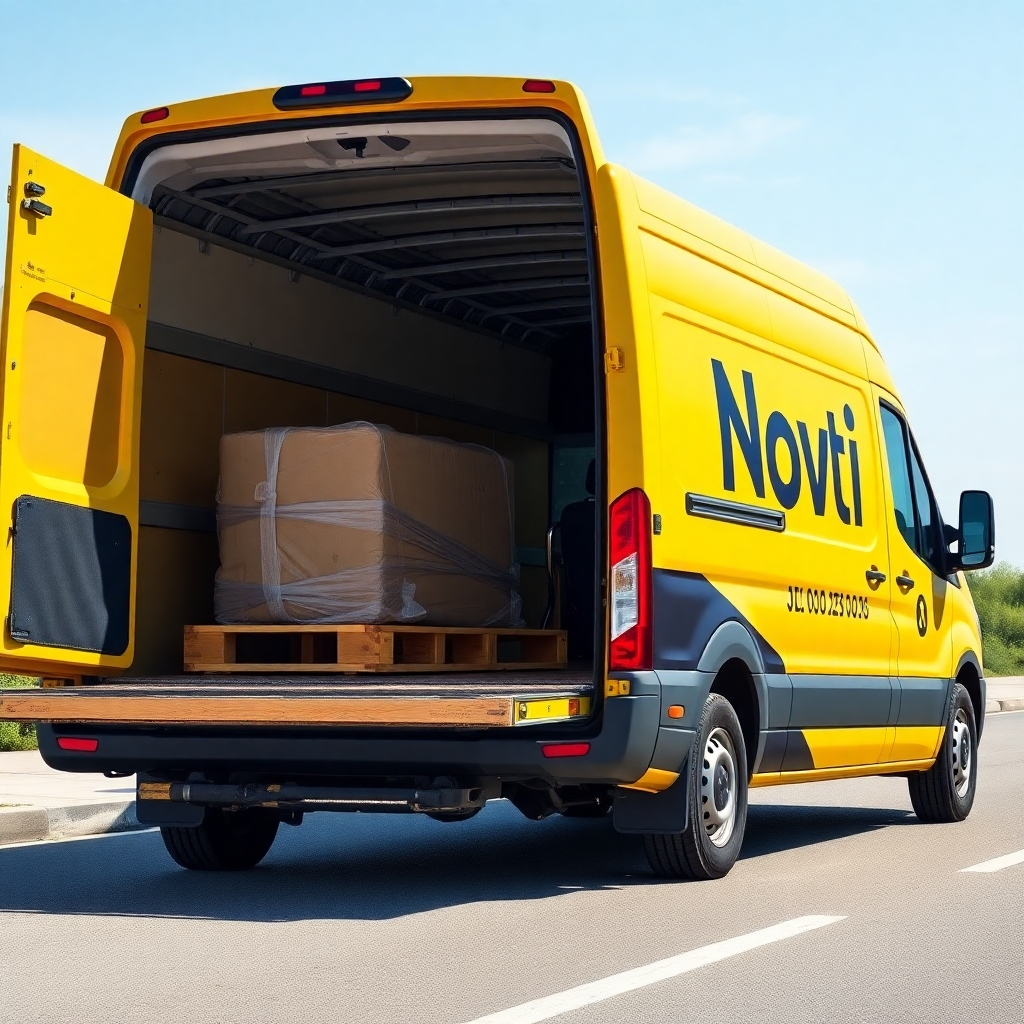 A photorealistic image featuring a NovTaxi van transporting a large or unusually shaped piece of cargo. The image should highlight the company's ability to handle unique transport challenges. The lighting is bright and clear.