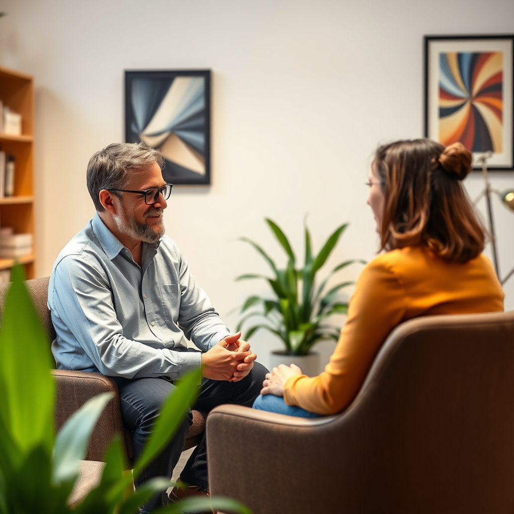 A photorealistic image of a coach sitting across from a client in a comfortable office setting. They are engaged in a conversation, with the coach actively listening and providing guidance. The scene evokes feelings of trust, support, and collaboration. The office is well-lit and inviting, with plants and artwork adding to the ambiance.