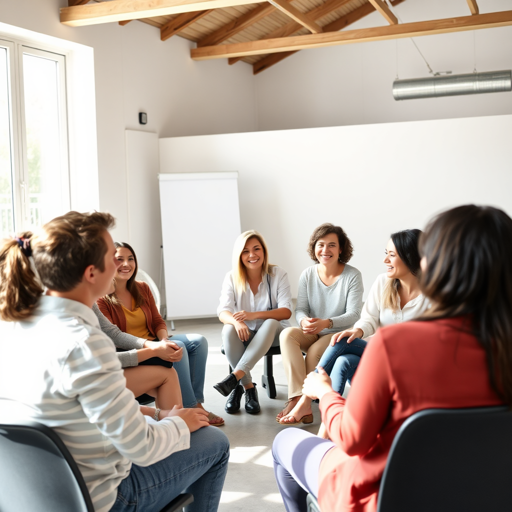 A photorealistic image of a group of people participating in a workshop, sitting in a circle and engaging in a discussion. They are smiling and laughing, creating a sense of camaraderie and connection. The workshop is held in a bright and spacious room, with natural light streaming in from the windows.