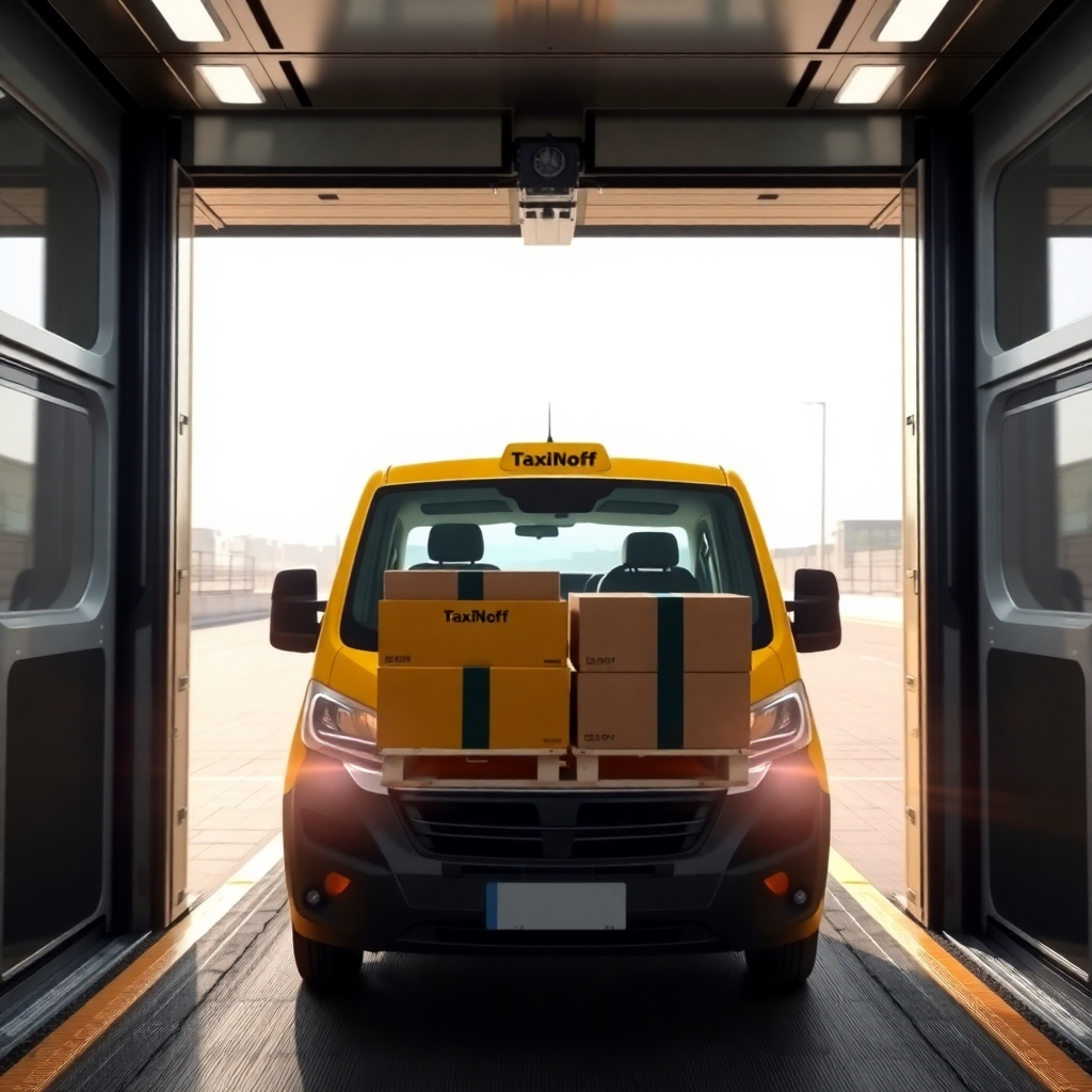 A photorealistic image of a TaxiNoff cargo van arriving at a destination, unloading goods safely and efficiently. The image should convey a sense of speed, professionalism, and reliability. The lighting should be bright and clear, showcasing the clean and efficient process.  Focus on the professionalism of the driver and the secured delivery of goods.  Use a bright and positive color scheme.  High quality, 4K resolution is required.