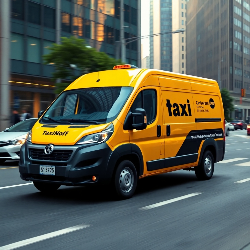 A photorealistic image of a TaxiNoff cargo van navigating a city street, delivering goods.  Use a bustling city environment, reflecting swiftness and efficiency in urban settings. The image should convey a sense of ease and convenience. High quality, 4K resolution.