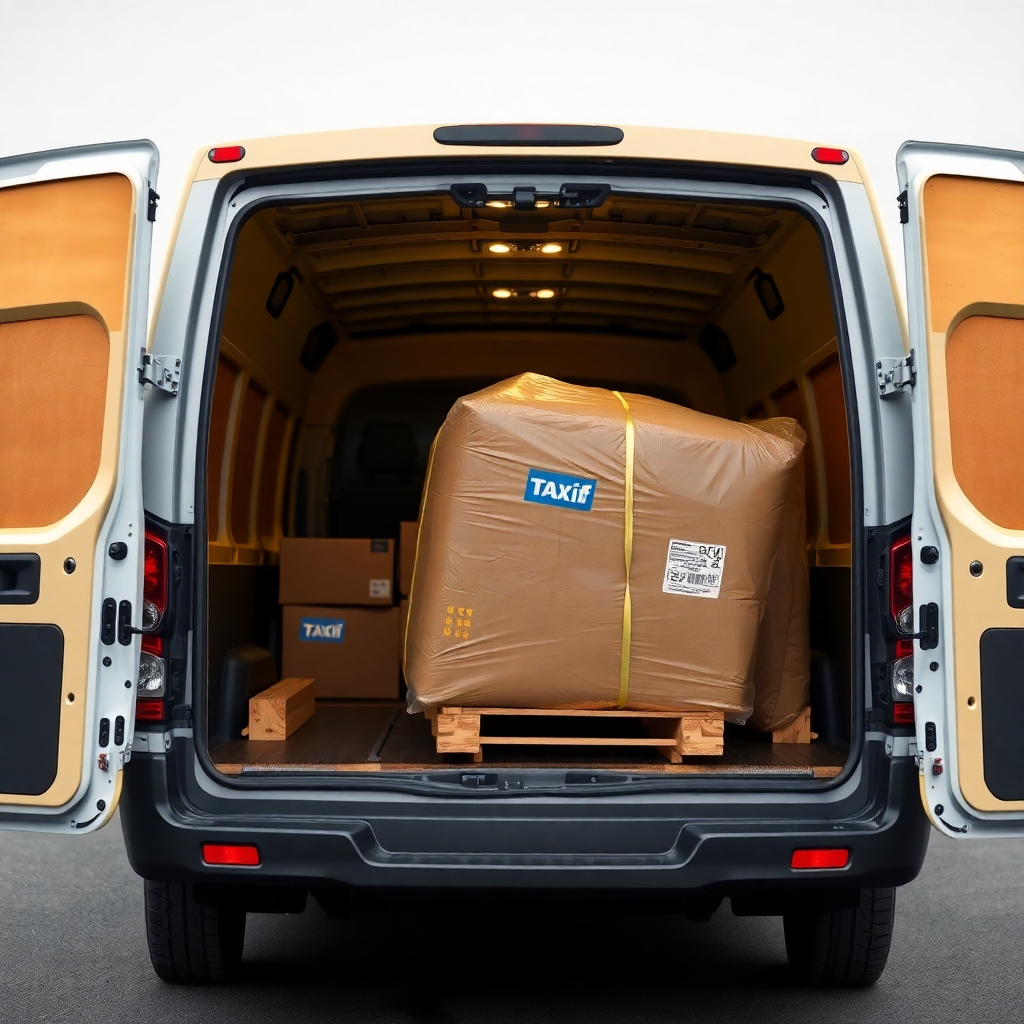 A photorealistic image of a TaxiNoff cargo van successfully transporting a large or bulky item. Showcase the van's capacity and the efficiency of handling large items. The image should convey professionalism and care. High quality, 4K resolution.