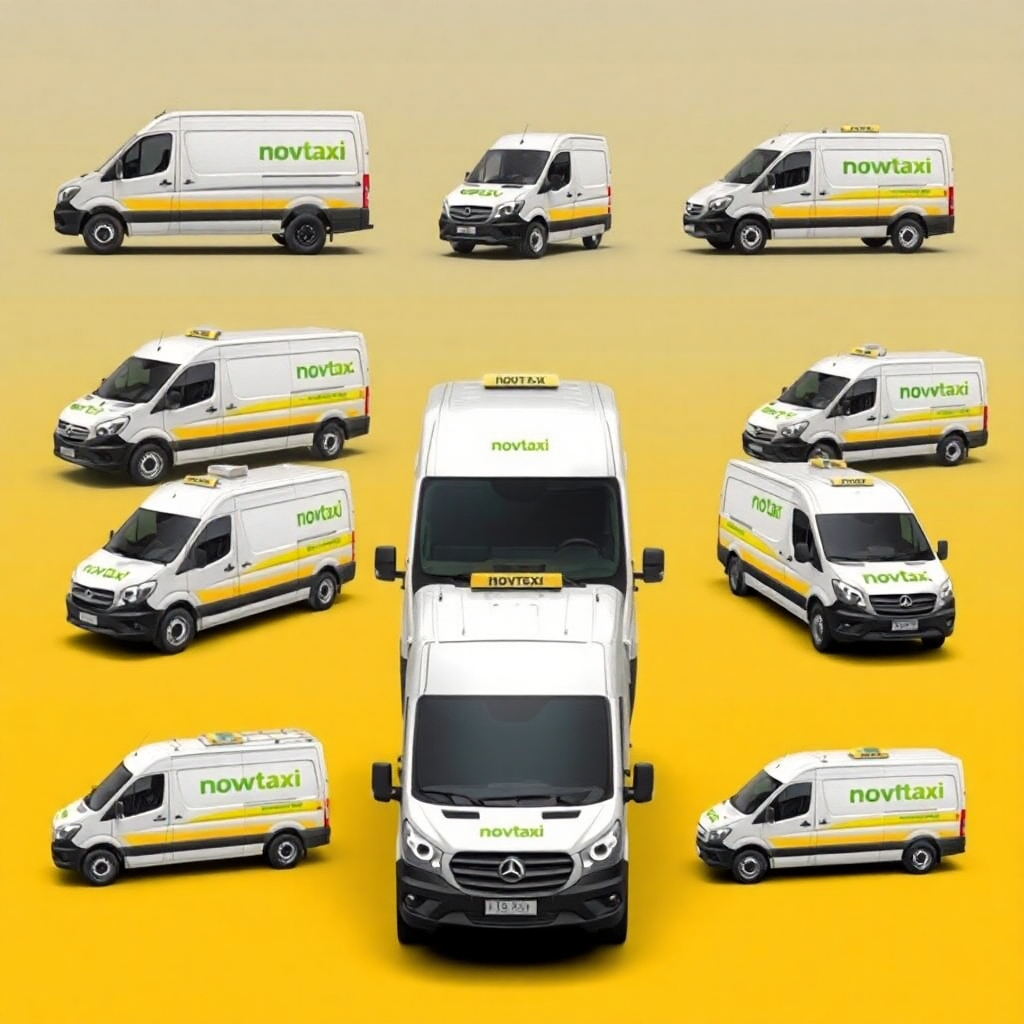 A photorealistic image showcasing the diverse range of NovTaxi cargo vans, perhaps showing vans of various sizes and capabilities.  The image should highlight the variety of services offered to different customers.