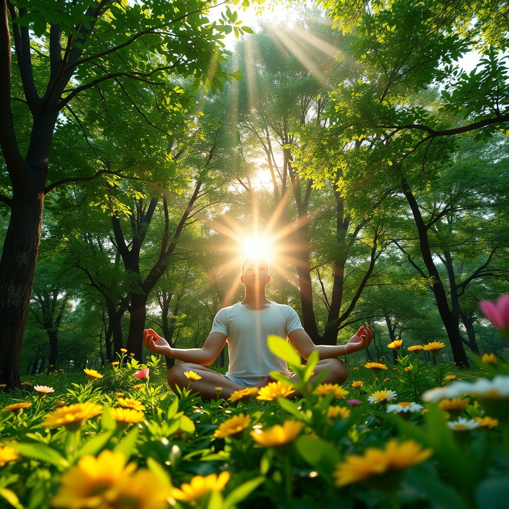 A photorealistic, ultra-high-quality header image for 'Happy Grow Life'. The image should feature a person meditating in a serene natural setting. Sunlight streams through lush green trees, illuminating the person. The person is surrounded by vibrant flowers, and there is a sense of peaceful energy flowing around them. The composition should follow the rule of thirds, with the person slightly off-center. Use a warm and inviting color palette, focusing on greens, yellows, and soft blues. The camera angle should be slightly low, looking up at the person to convey a sense of empowerment. Capture the texture of the leaves, the bark of the trees, and the delicate petals of the flowers. Use a shallow depth of field to blur the background and emphasize the person. Style: Hyperrealistic nature photography. Technical specs: 8K resolution, hyperrealistic rendering.