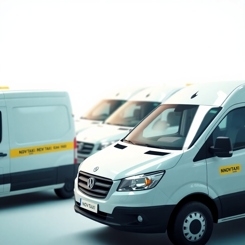 A slightly stylized image of a fleet of clean, modern NovTaxi vans. Highlighting the newest models and conveying a message of quality and reliability. The lighting should be bright and clean. The color scheme should be modern and trustworthy. The image should have a slight artistic flair, but remain realistic.
