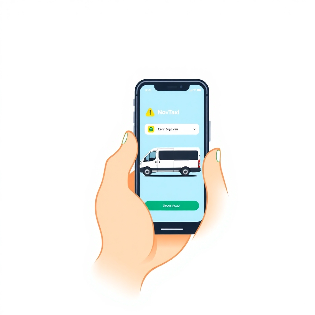 A stylized image of a person easily booking a NovTaxi cargo van using a smartphone app. The image should be clean and modern, reflecting the ease of online booking. The color scheme should be bright and user-friendly.  The app interface should be simple, intuitive, and easy to understand.