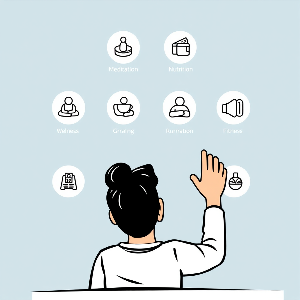A stylized image of a person interacting with a digital interface, accessing various online resources related to wellness and self-improvement. The interface is clean and intuitive, with icons representing different topics such as meditation, nutrition, and fitness. The scene evokes feelings of convenience, accessibility, and empowerment.