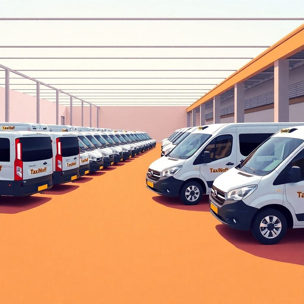 A stylized image showing a fleet of clean and modern TaxiNoff cargo vans parked neatly in a well-maintained depot. The image should emphasize the quality and modernity of the fleet. Use sleek design, a clean and organized setting, and a color palette reflecting a sense of professional upkeep. 4K resolution is required.