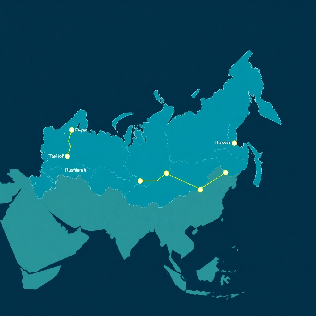 A stylized map of Russia with highlighted routes, showing the reach of TaxiNoff services. The map should be visually appealing and easy to understand, showcasing the extensive coverage of the company. The color scheme should be a combination of blues and greens, creating a sense of distance and breadth. 4K resolution.