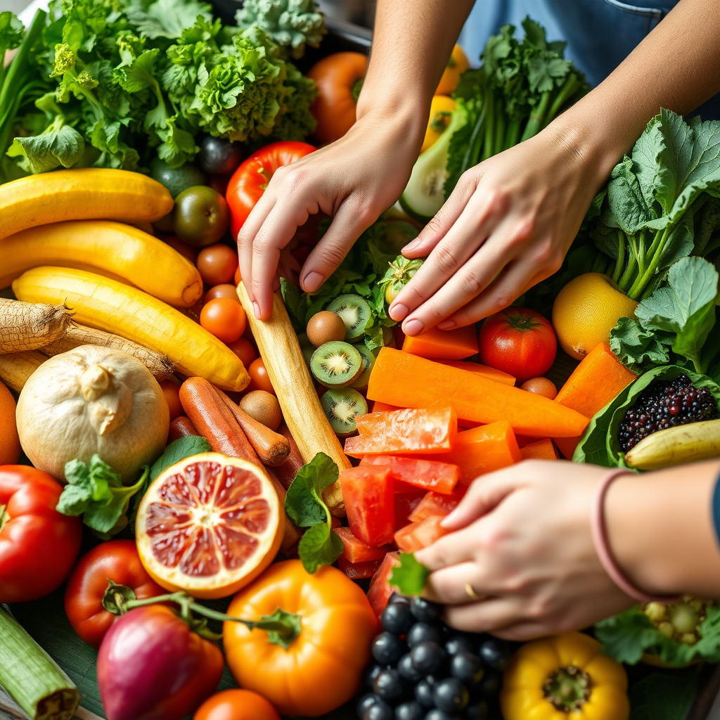  A vibrant and colorful image showcasing a variety of fresh fruits and vegetables arranged in an appealing manner. The lighting should be natural and highlight the textures and colors of the produce. Include hands preparing a healthy meal to add a sense of action. Consider a close-up shot to emphasize the freshness. Style: food photography, bright, natural light. Technical specs: 4K resolution, high detail.
