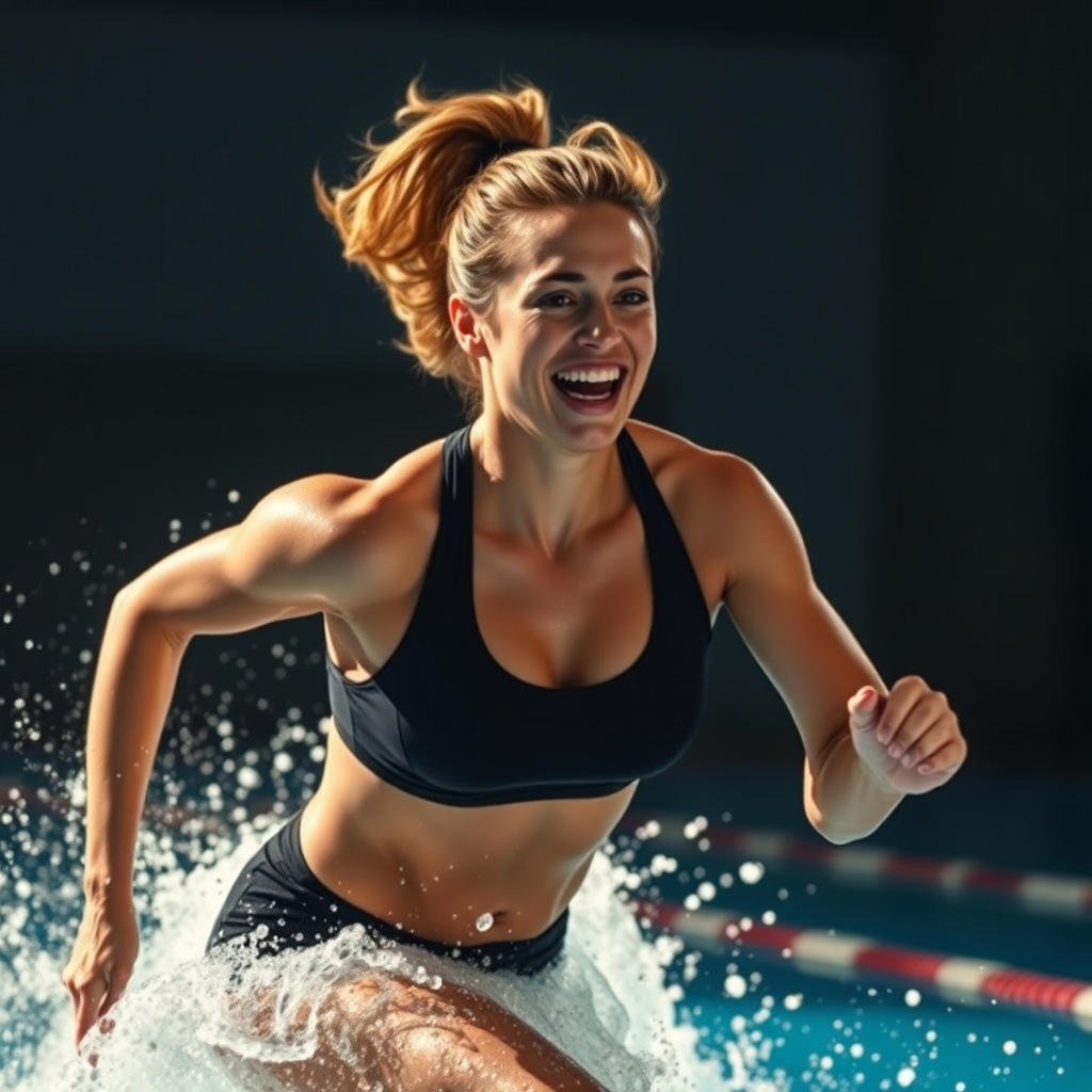 An action shot of a person engaged in a physical activity they enjoy, such as running, swimming, or dancing. The lighting should be dynamic and energetic. Capture the person's sense of effort and accomplishment. Style: sports photography, energetic, dynamic. Technical specs: 4K resolution, high detail.