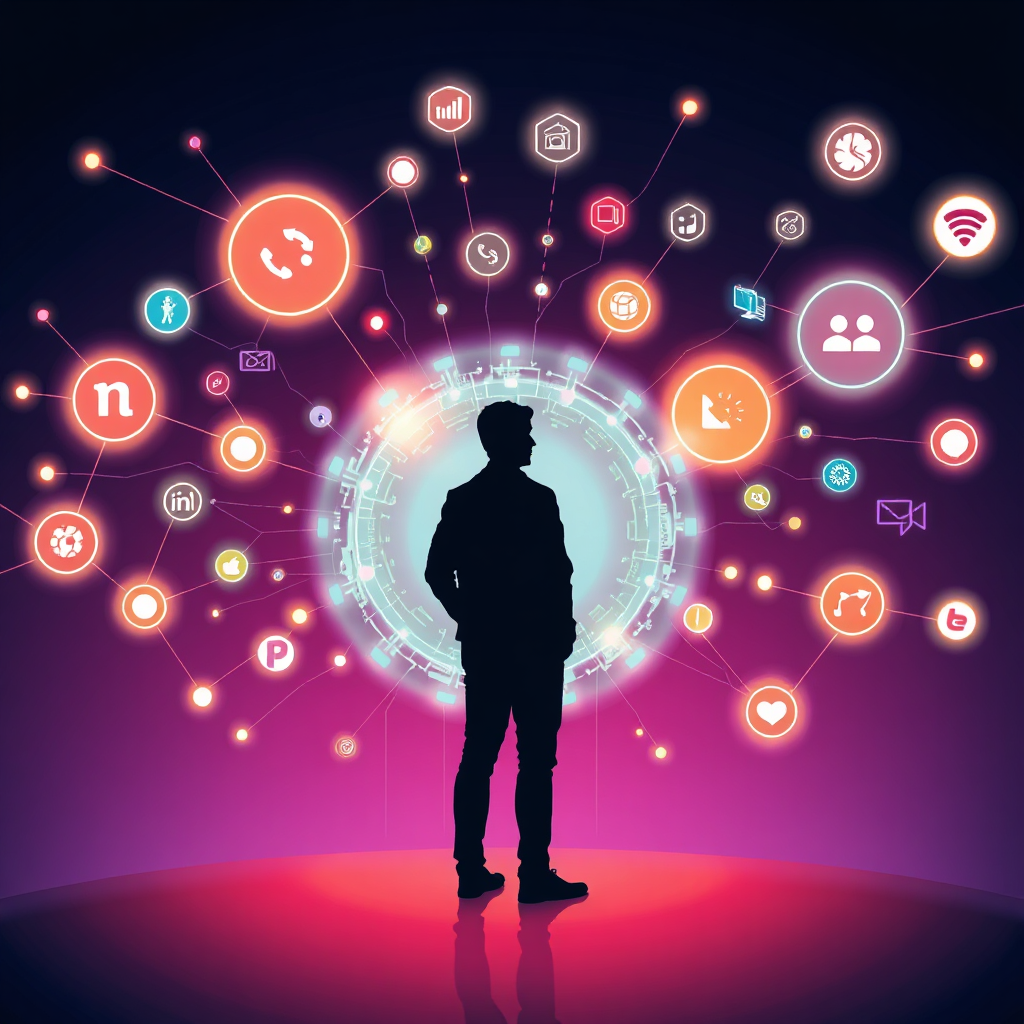 An artistic rendering representing the concept of accessing online resources for self-development. Visualize a person silhouetted against a backdrop of interconnected nodes of information, glowing pathways, and floating icons representing various tools and media. The color palette should be inviting and forward-thinking, using gradients and soft glows to represent the flow of knowledge and inspiration. Style: Modern/Abstract, symbolizing digital connectivity and knowledge. Technical specs: 4K resolution, digital illustration.