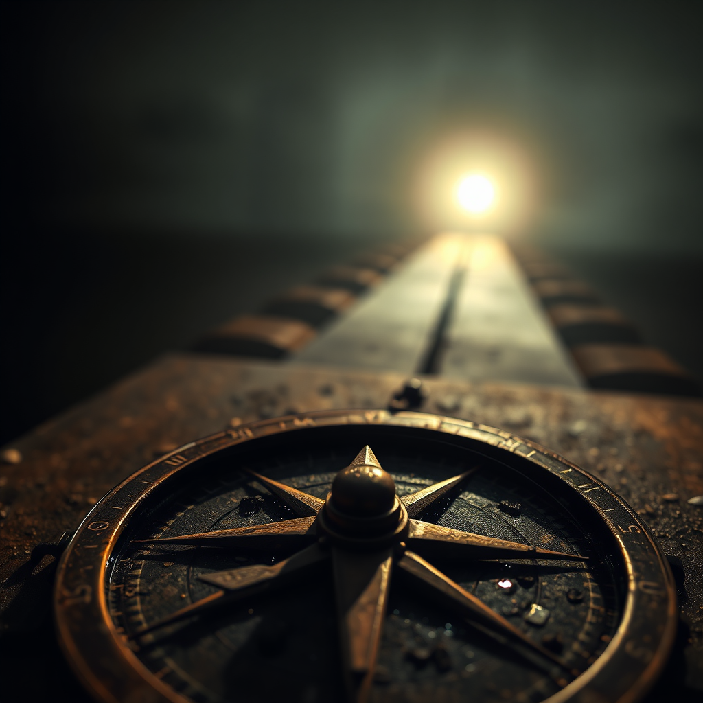 An image depicting a compass pointing towards a bright light in the distance. The compass should be old and weathered, representing wisdom and guidance. The background should be dark and mysterious, emphasizing the light. Style: conceptual photography, symbolic, mysterious. Technical specs: 4K resolution, high detail.