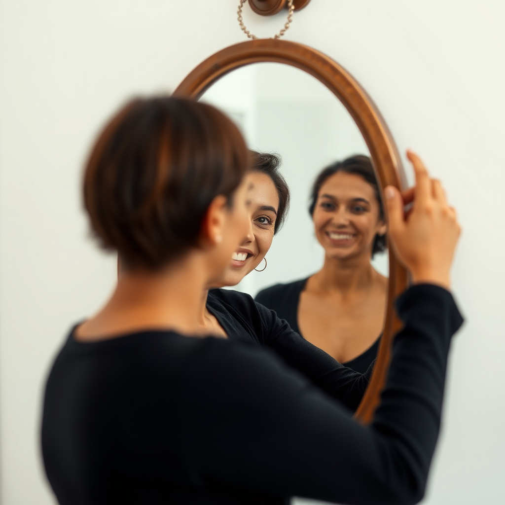 An image depicting a person looking in a mirror and smiling. The reflection should be slightly enhanced to represent their best self. The background should be clean and simple, with soft lighting. Style: portrait photography, empowering, positive. Technical specs: 4K resolution, high detail.