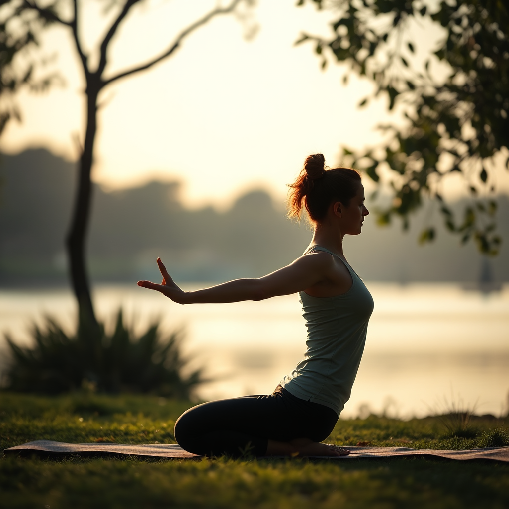 An image depicting a person practicing yoga in a serene outdoor setting. Soft, diffused lighting should create a calming atmosphere. Include elements of nature, such as trees or water, to enhance the sense of peace. Style: yoga photography, serene, natural. Technical specs: 4K resolution, high detail.