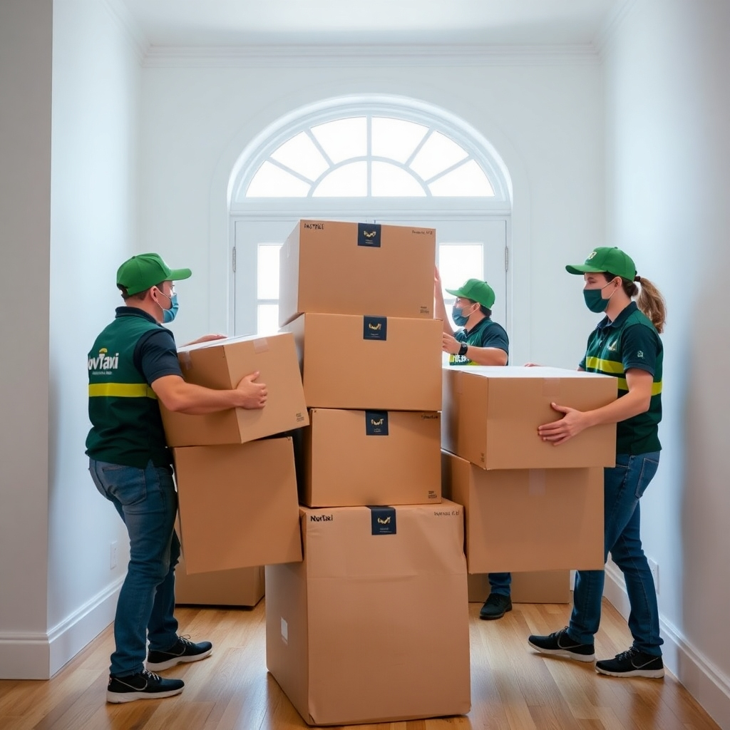 An image depicting a team of NovTaxi professionals carefully moving furniture and boxes during a house move.  The image should illustrate professional handling of customer belongings, organized and efficient moving techniques. The image style is photorealistic.