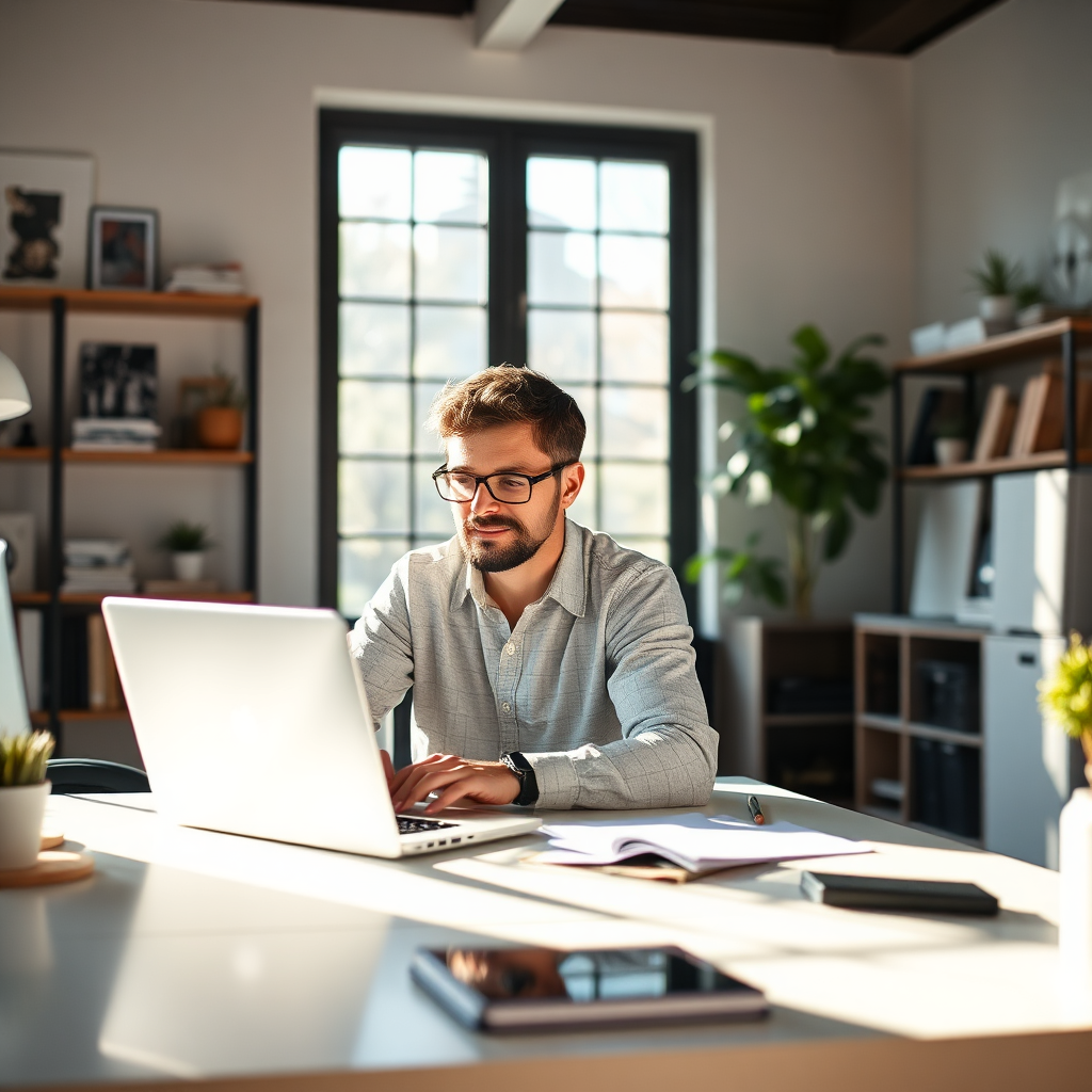 An individual working efficiently on a laptop, surrounded by a clean and organized workspace with natural light pouring in. Focus on the positive outcome and feeling of accomplishment.