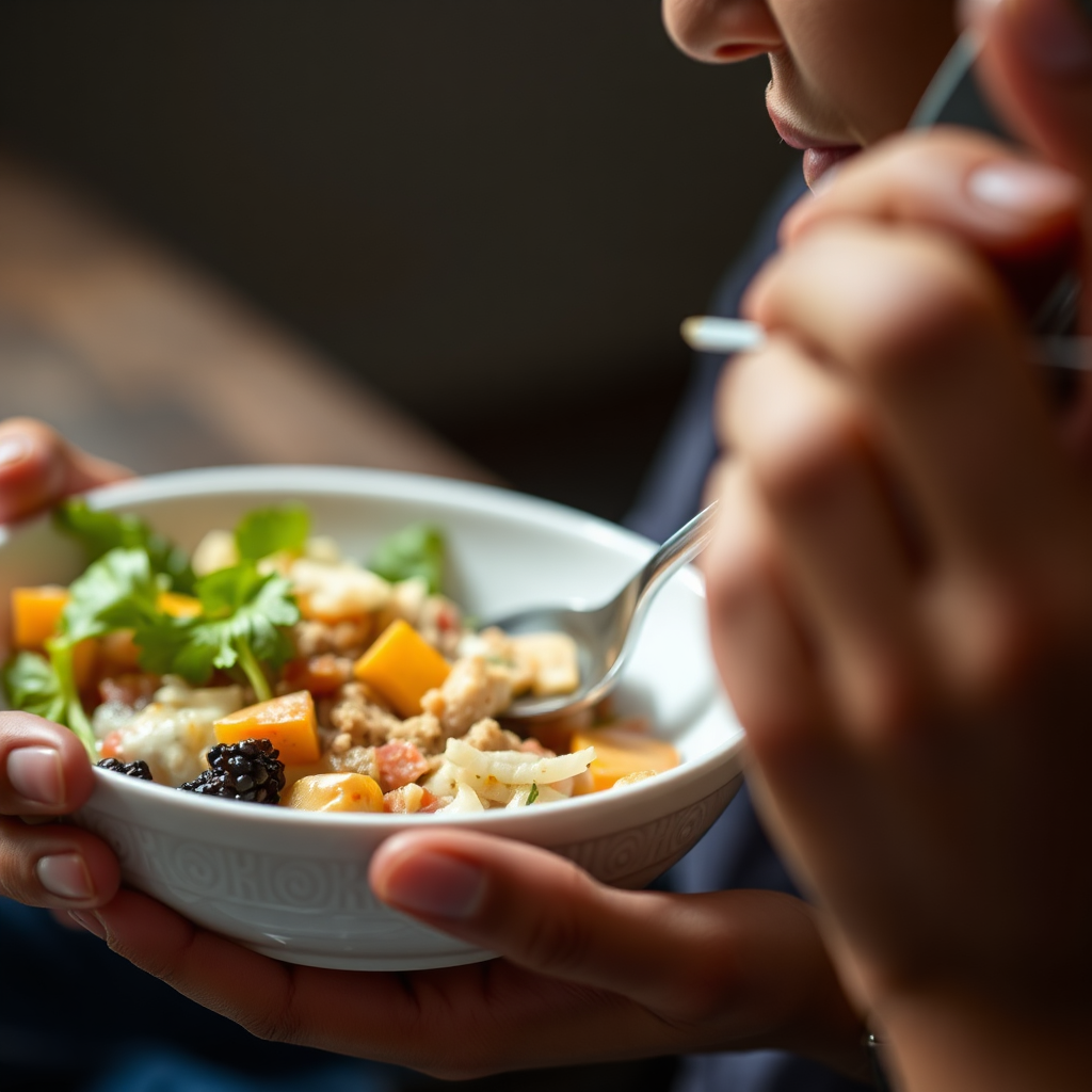Close-up shot of a person mindfully eating a healthy meal. Focus on the textures and colors of the food, and the person's expression of enjoyment. Soft, natural lighting should create a warm and inviting atmosphere. Style: food photography, mindful, intimate. Technical specs: 4K resolution, high detail.