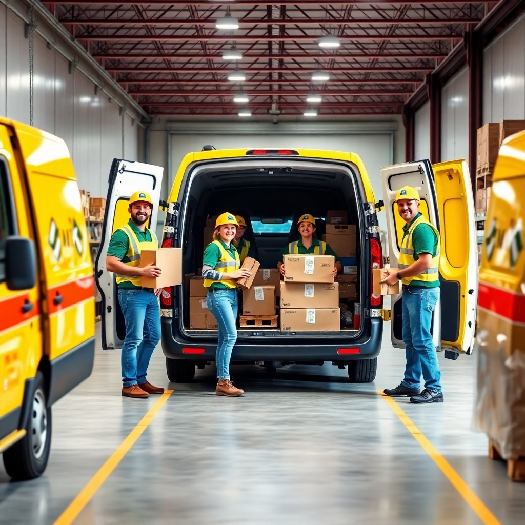 Create a photorealistic or stylized 4K image representing NovTaxi's mission. The image should depict a diverse team of happy, friendly NovTaxi drivers loading different types of cargo into their vans. The setting should be a modern warehouse or loading dock, clean, organized and brightly lit. The color palette should be cheerful and vibrant, highlighting teamwork and efficiency. The camera angle should be slightly elevated, showing a sense of activity and energy. Texture details are important; capture the texture of the cargo, the vans, and the warehouse floor. Include various packages and goods to highlight the versatility of the service. The overall style should be clean, positive, and trustworthy. The visual mood should be one of reliability, safety, and professionalism.  Style references could include images of successful logistics companies.