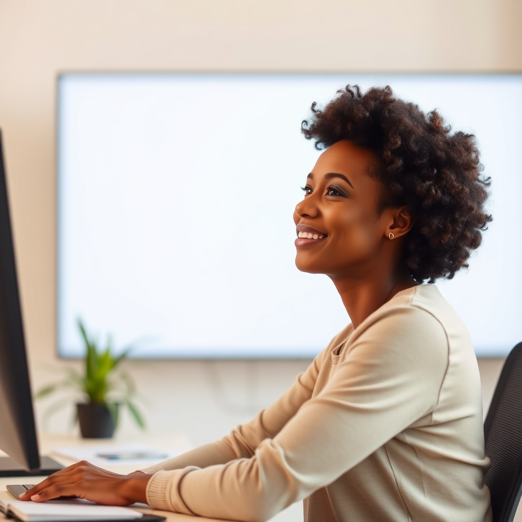 Create an image of a person looking refreshed and energized, sitting at a desk with a blurred-out screen in the background. The focus should be on the person's face and posture, conveying a sense of calm and alertness. Use soft, natural lighting and a warm color palette. The style should be clean and modern, with a hint of serenity.