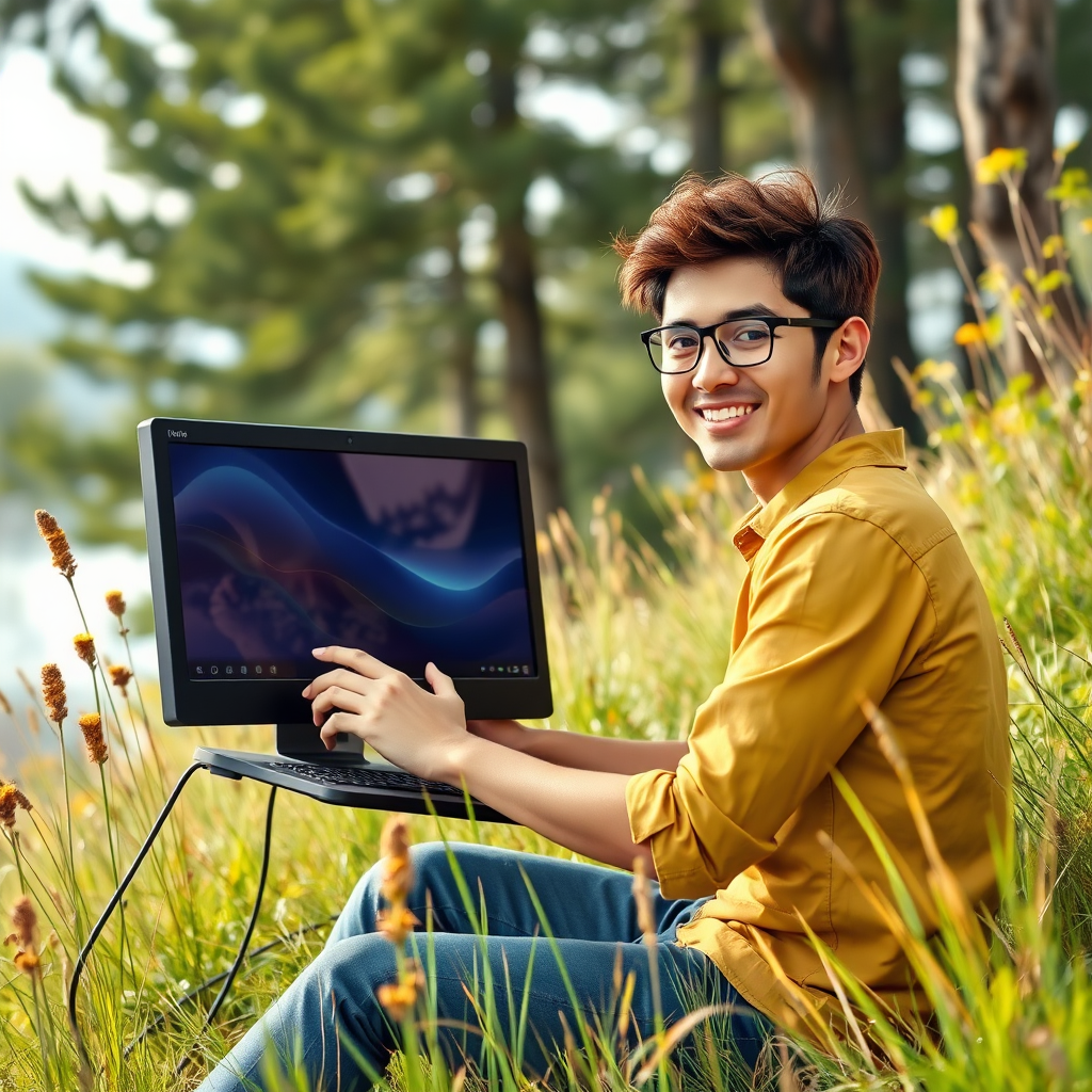 Depict a person confidently using their computer outdoors, surrounded by nature, signifying digital empowerment. The scene should convey balance and harmony between technology and nature. Use vibrant colors and a dynamic composition.