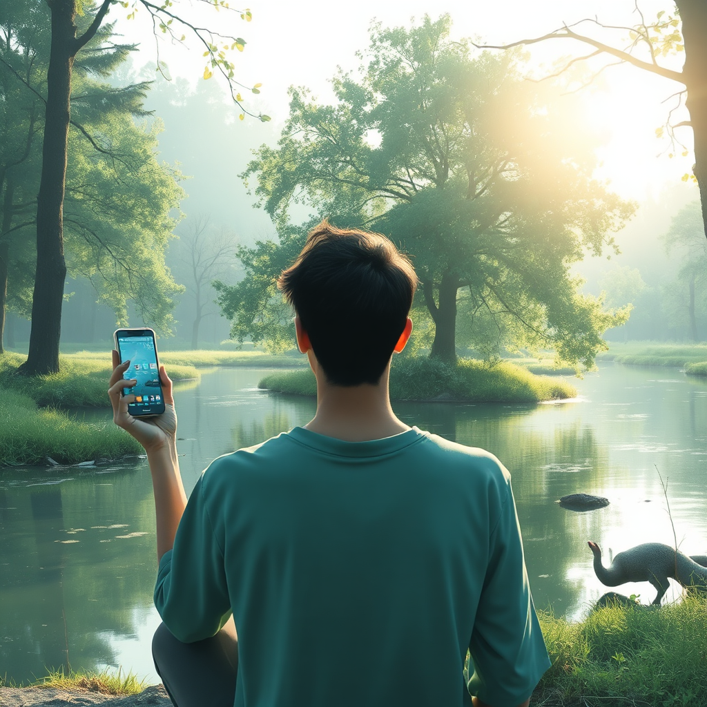 Depict a person symbolically disconnecting from technology in a serene natural setting, surrounded by calming elements like trees, water, and soft lighting. The image should convey a sense of peace and tranquility.