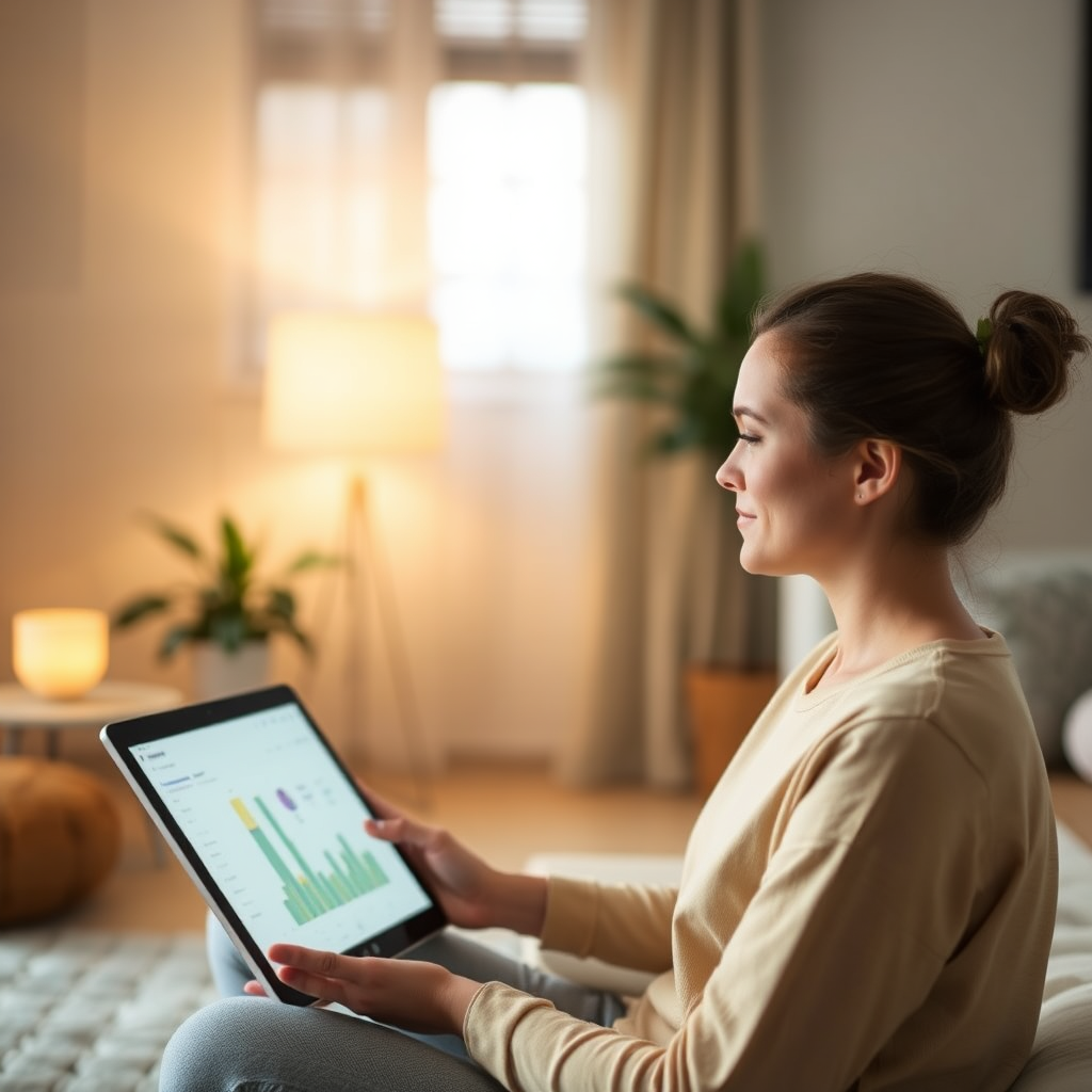 Show a person practicing mindfulness or meditation, using digital tools in a balanced way for stress reduction. The environment should be calming and supportive, with soft lighting and gentle colors.