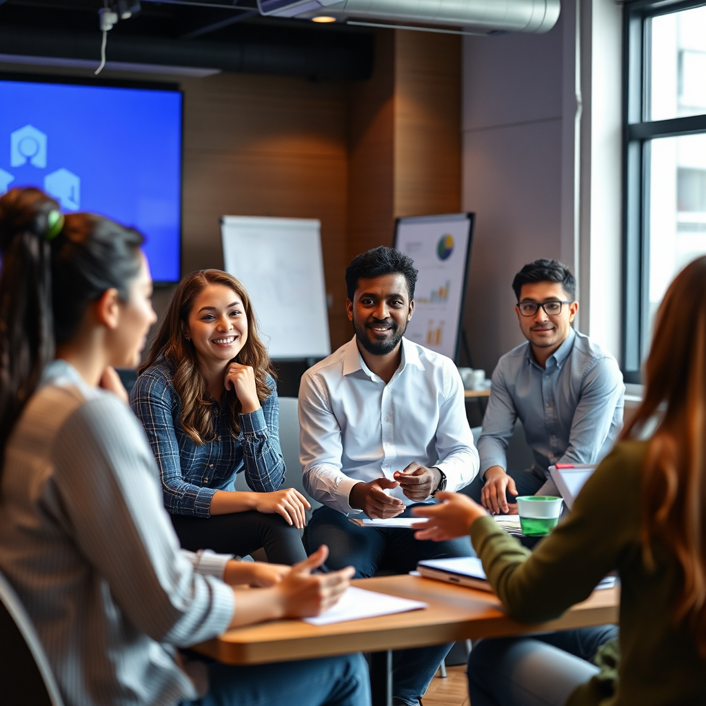 Visualize a group of employees engaged in a wellness workshop, learning about digital health and productivity. The atmosphere should be supportive, collaborative, and engaging.