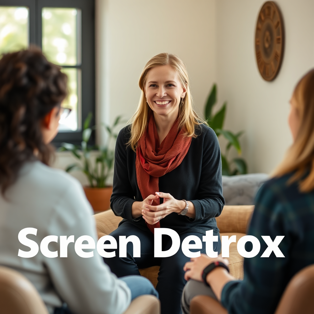 Visualize a wise, smiling professional guiding a small group through a mindful screen detox exercise. The setting is a calming, naturally lit room with comfortable seating. The expert exudes empathy and competence. Capture the feeling of trust and guidance.