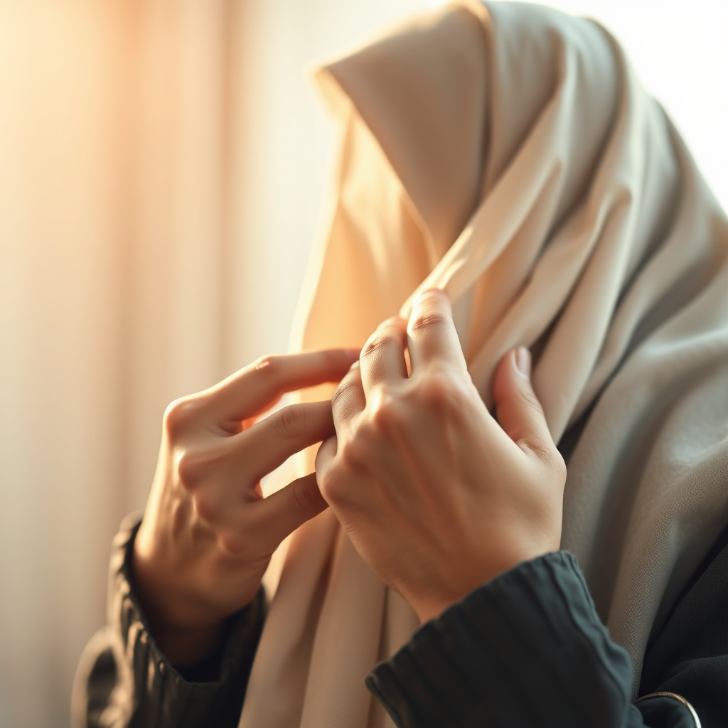 A photorealistic image focusing on the hands of a woman gently adjusting her hijab. The light should be soft and warm, highlighting the texture of the fabric. The background is blurred, creating a sense of intimacy and focus on the act of adorning the hijab. The color palette is muted and serene, reflecting the spiritual significance of the garment. Style reference: soft, gentle lighting and a focus on texture. Technical specs: high resolution, shallow depth of field, emphasis on the details of the fabric.