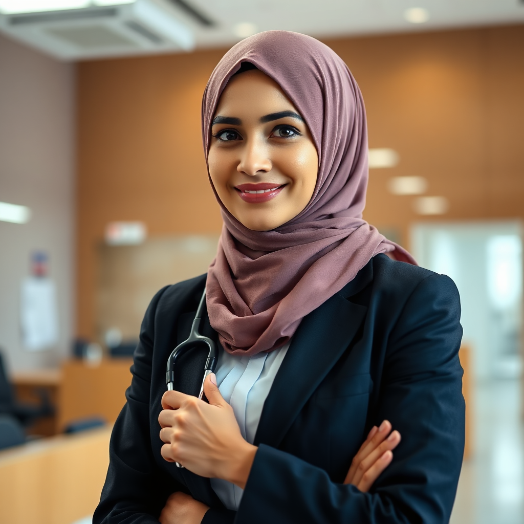 A photorealistic image of a Muslim woman confidently working in a professional setting, such as a doctor in a hospital or a lawyer in a courtroom, while wearing a hijab. The lighting should be professional and authoritative. The color palette is clean and modern. Style reference: professional portraits. Technical specs: high resolution, shallow depth of field, emphasis on capturing the woman's competence and confidence.