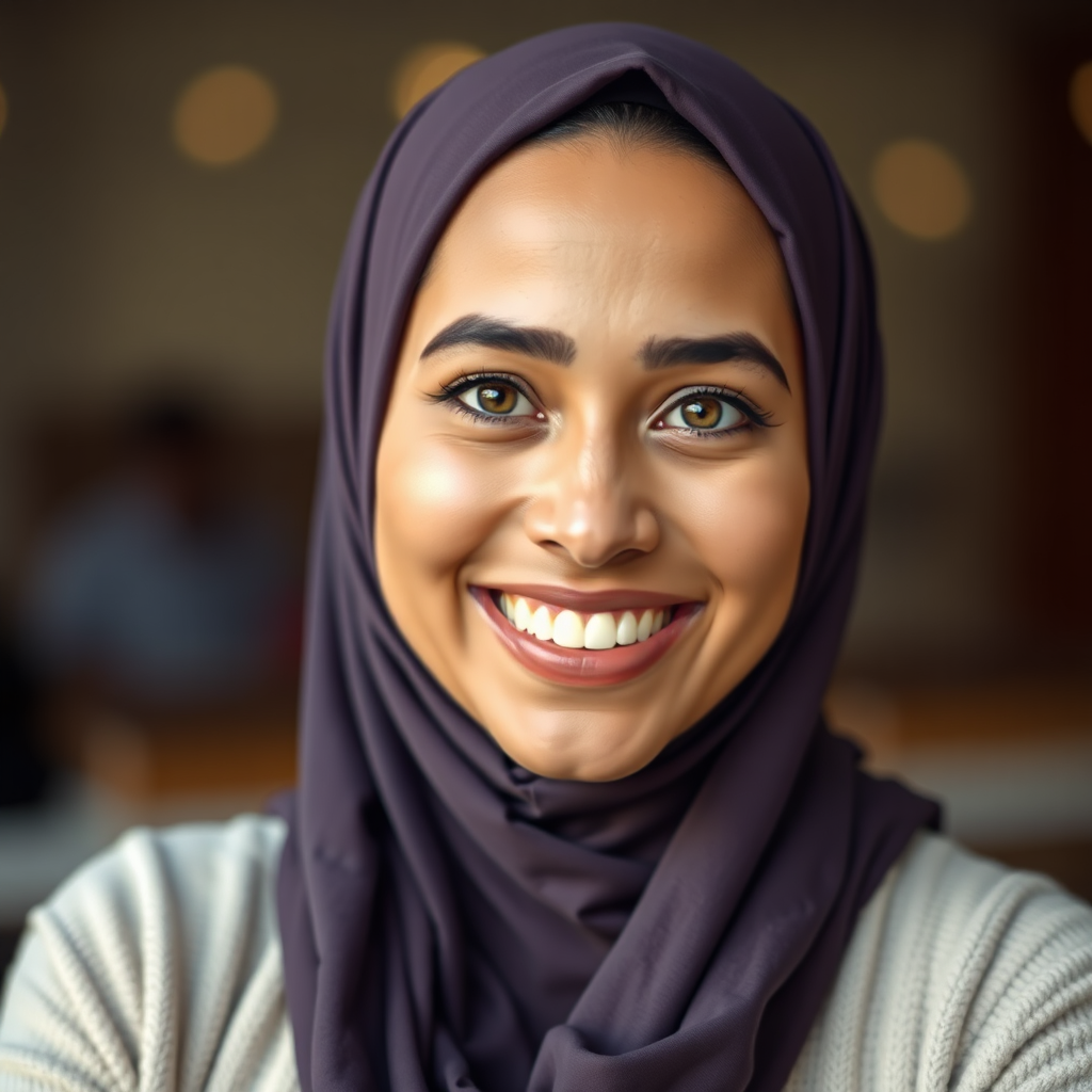 A photorealistic image of a Muslim woman smiling confidently, gazing directly at the camera. She is wearing a hijab that reflects her personal style. The background is blurred, ensuring the focus remains on her expression of empowerment. The lighting is soft and flattering. The color palette is warm and inviting. Style reference: portrait photography. Technical specs: high resolution, shallow depth of field, emphasis on capturing the woman's genuine smile.