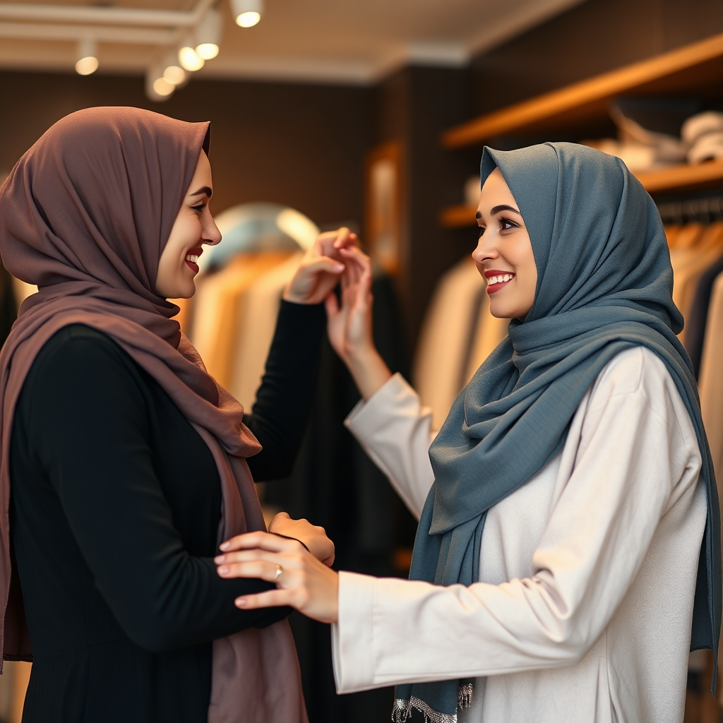 A photorealistic image of a stylist helping a client choose a hijab. The stylist is holding up different hijab styles, and the client is smiling. The lighting is warm and inviting. The color palette is soft and feminine. The setting is a stylish boutique. Technical specs: high resolution, shallow depth of field, focus on the interaction between the stylist and client.