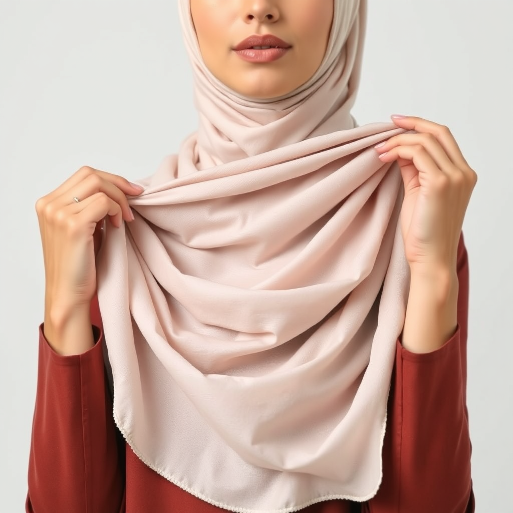 A photorealistic image of a woman demonstrating the classic hijab wrap style. The camera angle is a close-up shot, focusing on her hands as she expertly arranges the fabric. The lighting is bright and even, highlighting the different folds and layers of the hijab. The color palette is neutral and elegant, showcasing the simplicity of the style. Technical specs: high resolution, shallow depth of field, emphasis on capturing the texture of the fabric.