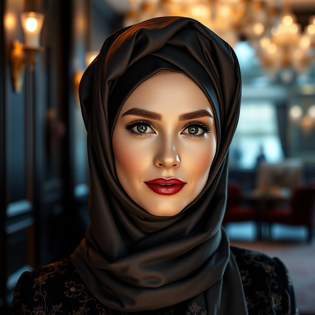 A photorealistic image of a woman wearing a Turkish-style hijab. The hijab is intricately styled with volume at the crown. She's wearing elegant attire, and the background is a luxurious interior. The lighting is dramatic and highlights the contours of the hijab. The color palette is rich and opulent. Style reference: Turkish fashion magazines. Technical specs: 4K resolution, high-quality rendering, emphasis on the texture and detail of the fabric.
