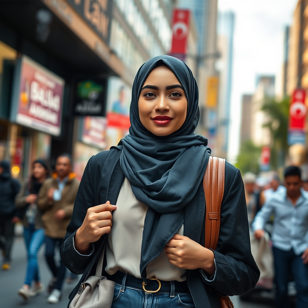 A photorealistic image of a young Muslim woman confidently walking in a bustling city, wearing a stylish hijab and modern clothing. The composition should convey a sense of empowerment and self-assurance. The color palette is vibrant and dynamic, reflecting the energy of the urban environment. Style reference: street style photography. Technical specs: high resolution, shallow depth of field, emphasis on capturing the woman's confident expression.