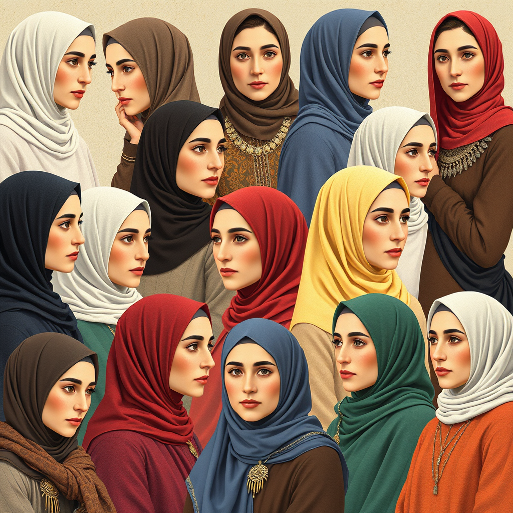 A stylized image depicting a collage of women from different historical periods and cultures, each wearing a form of head covering. The composition should be visually engaging and informative, showcasing the diversity of hijab styles throughout history. The color palette should be rich and varied, reflecting the cultural differences represented. Style reference: vintage photographs and historical illustrations. Technical specs: 4K resolution, high-quality rendering, attention to detail in the depiction of clothing and accessories.