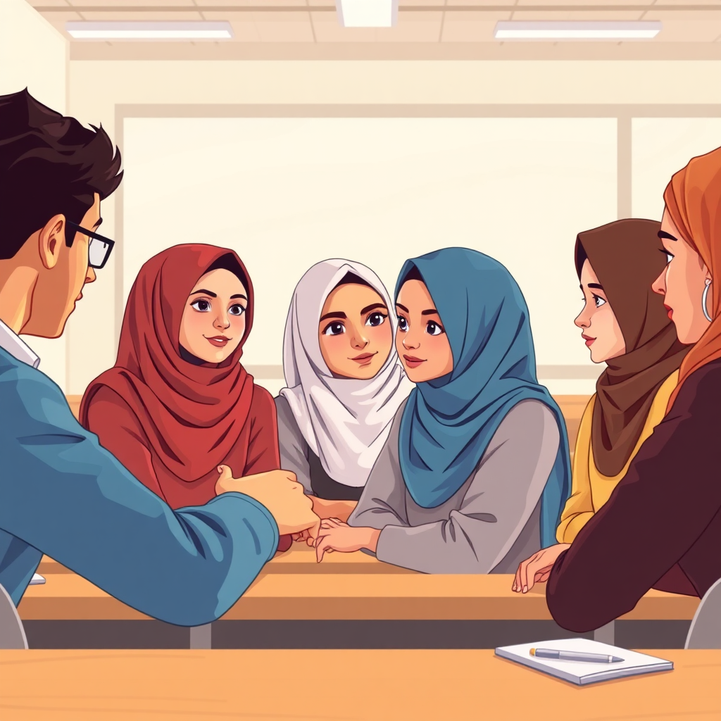 A stylized image of a group of diverse people engaged in a respectful and open discussion about the hijab. The setting is a bright, modern classroom. The composition should convey a sense of collaboration and mutual understanding. The color palette is warm and inviting. Style reference: educational illustrations. Technical specs: 4K resolution, high-quality rendering, emphasis on capturing facial expressions.