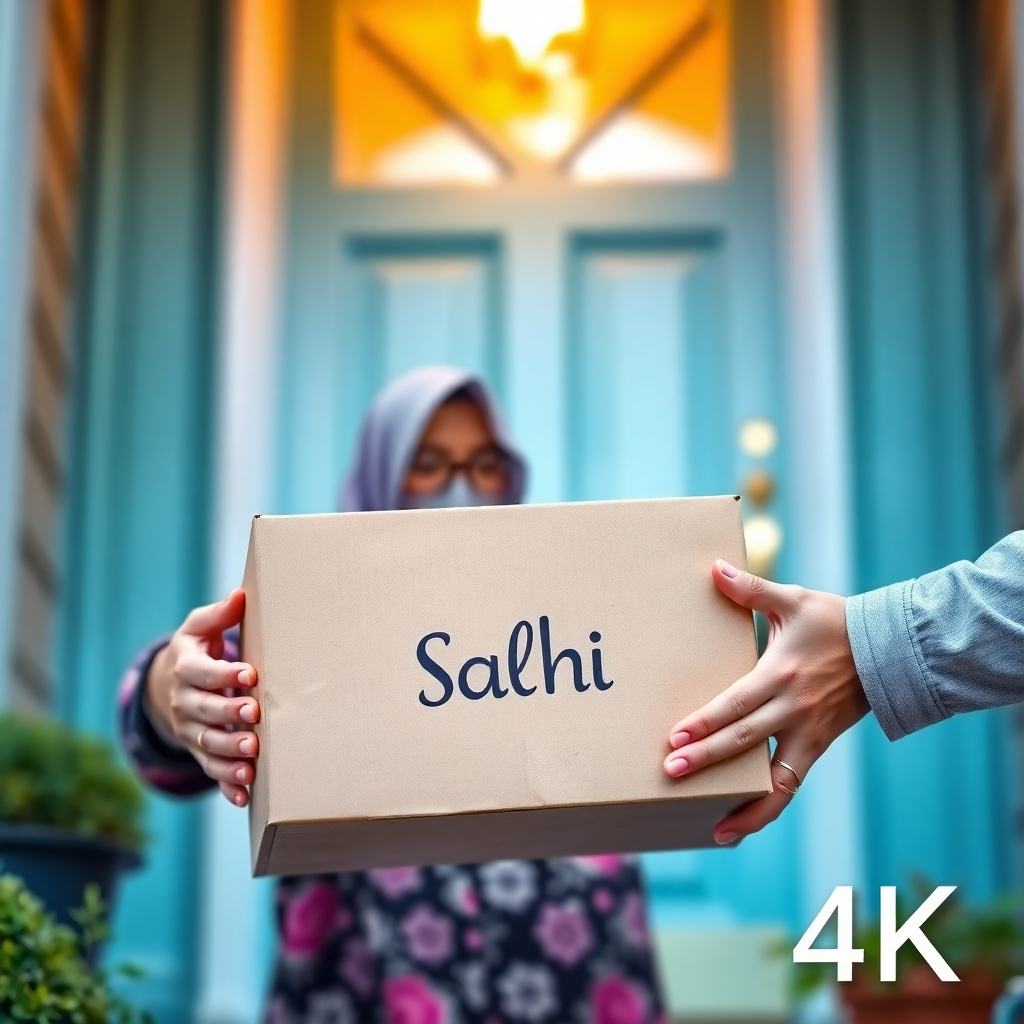 Photorealistic image: A box with the Salhi Hijab logo being delivered to a customer's doorstep. Bright, cheerful lighting. High-quality 4k resolution. Focus on the ease of delivery and customer satisfaction.
