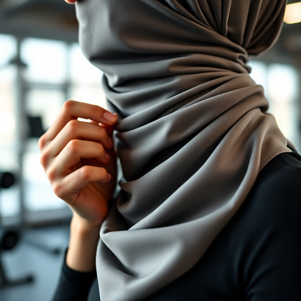 Photorealistic image: A close-up shot of a woman's hand adjusting a stylish sports hijab, showcasing the fabric's breathability and comfort. The background could be a blurred image of a fitness center or gym. High-quality 4k resolution.