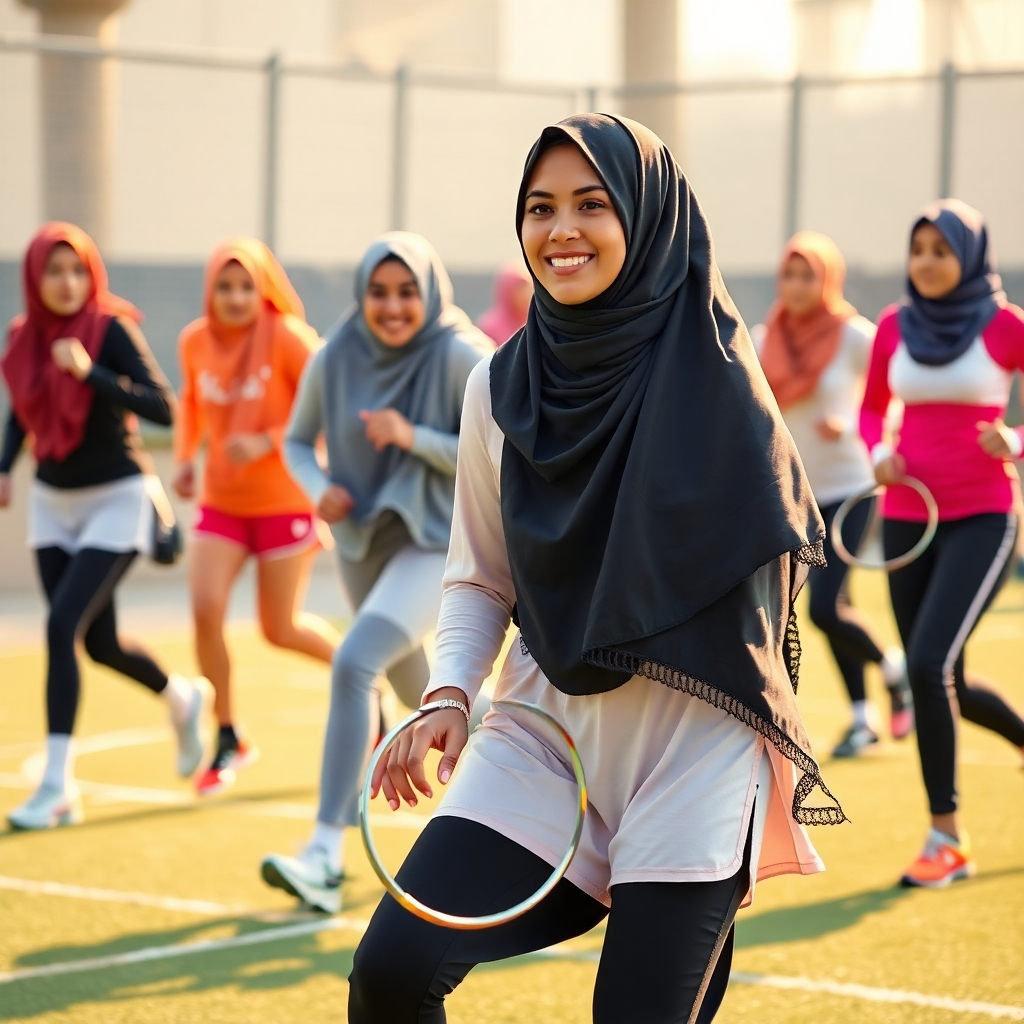 Photorealistic image:  A diverse group of Muslim women participating in various sports while wearing hijabs and sports attire. Bright lighting, warm color palette. High-quality 4k resolution.