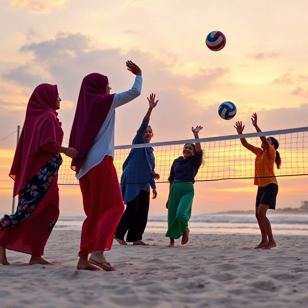 Photorealistic image:  A diverse team of Muslim women playing volleyball on a beach at sunset. The image should highlight diversity, teamwork, and faith. High-quality 4k resolution.