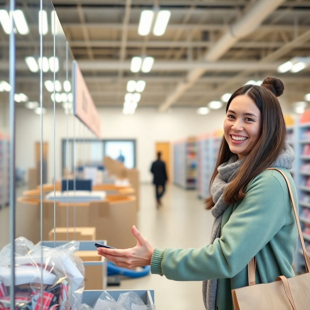 Photorealistic image: A happy customer returning or exchanging an item in a well-lit, organized return center, suggesting an easy return process. High-quality 4k resolution.