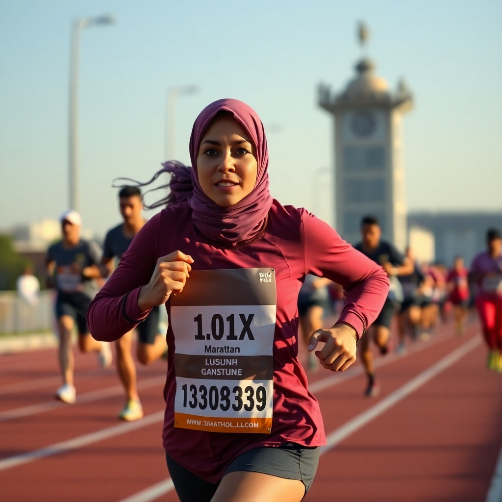 Photorealistic image: A Muslim woman running a marathon, demonstrating determination and athletic prowess. The image should be powerful and inspiring. High-quality 4k resolution.
