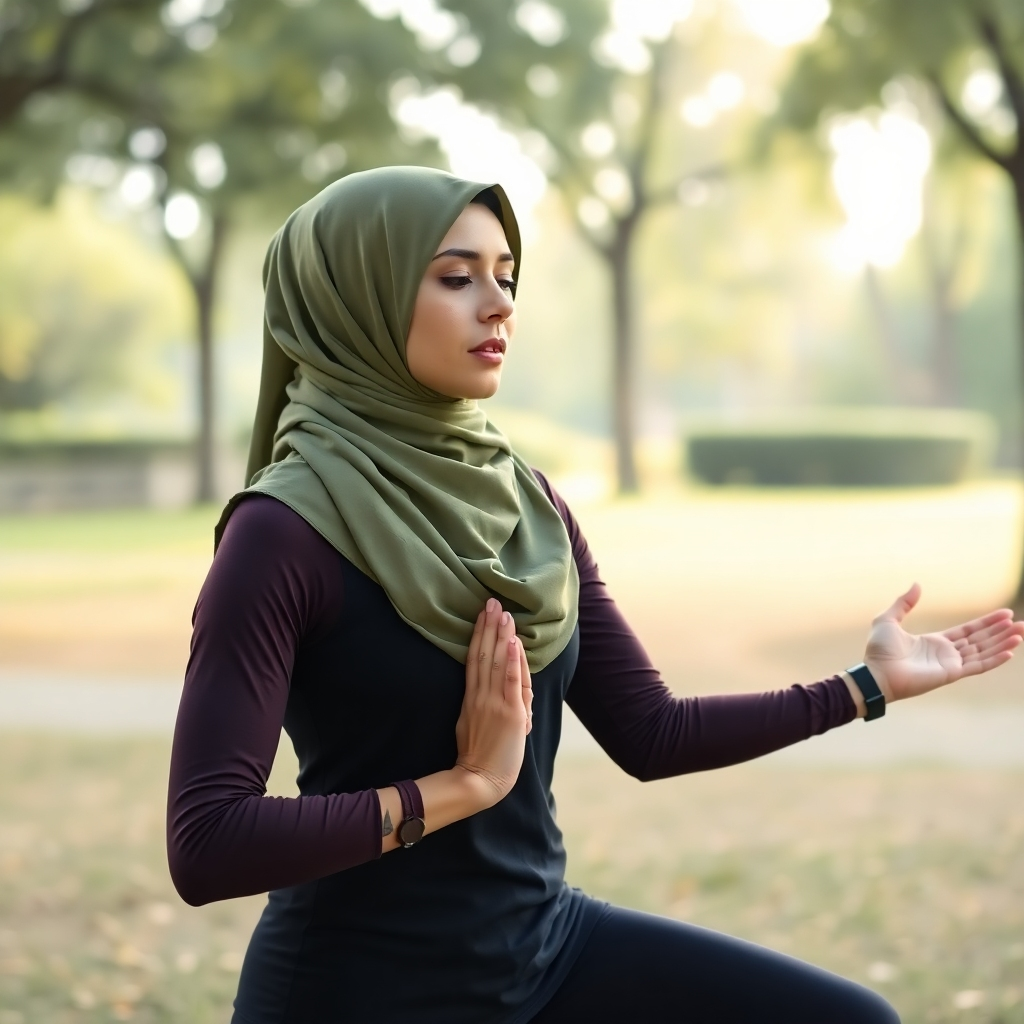 Photorealistic image:  A woman doing yoga in a park, wearing a sports hijab and athletic wear. Soft lighting and a serene setting. High-quality 4k resolution.
