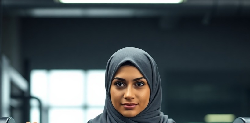 Photorealistic image: A woman weightlifting in a gym wearing a hijab and athletic wear. The image should depict strength and determination. High-quality 4k resolution.