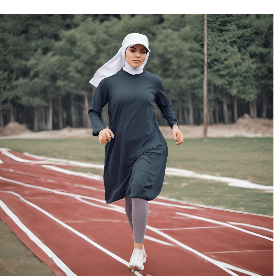 A photorealistic image of a woman jogging outdoors, wearing a sporty hijab made of breathable fabric. The background features a vibrant park scene. The image should convey energy and dynamism. The lighting is bright and natural. The color palette includes sporty, vibrant colors. Style reference: sportswear photography. Technical specs: high resolution, fast shutter speed to capture motion.