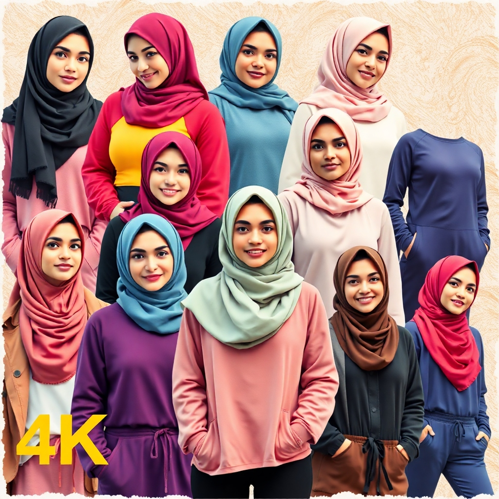 Stylized image:  A collage of several diverse Muslim women wearing a range of stylish hijabs and sportswear; vibrant color palette, possibly with a textured background suggesting movement and energy. High-quality 4k resolution.