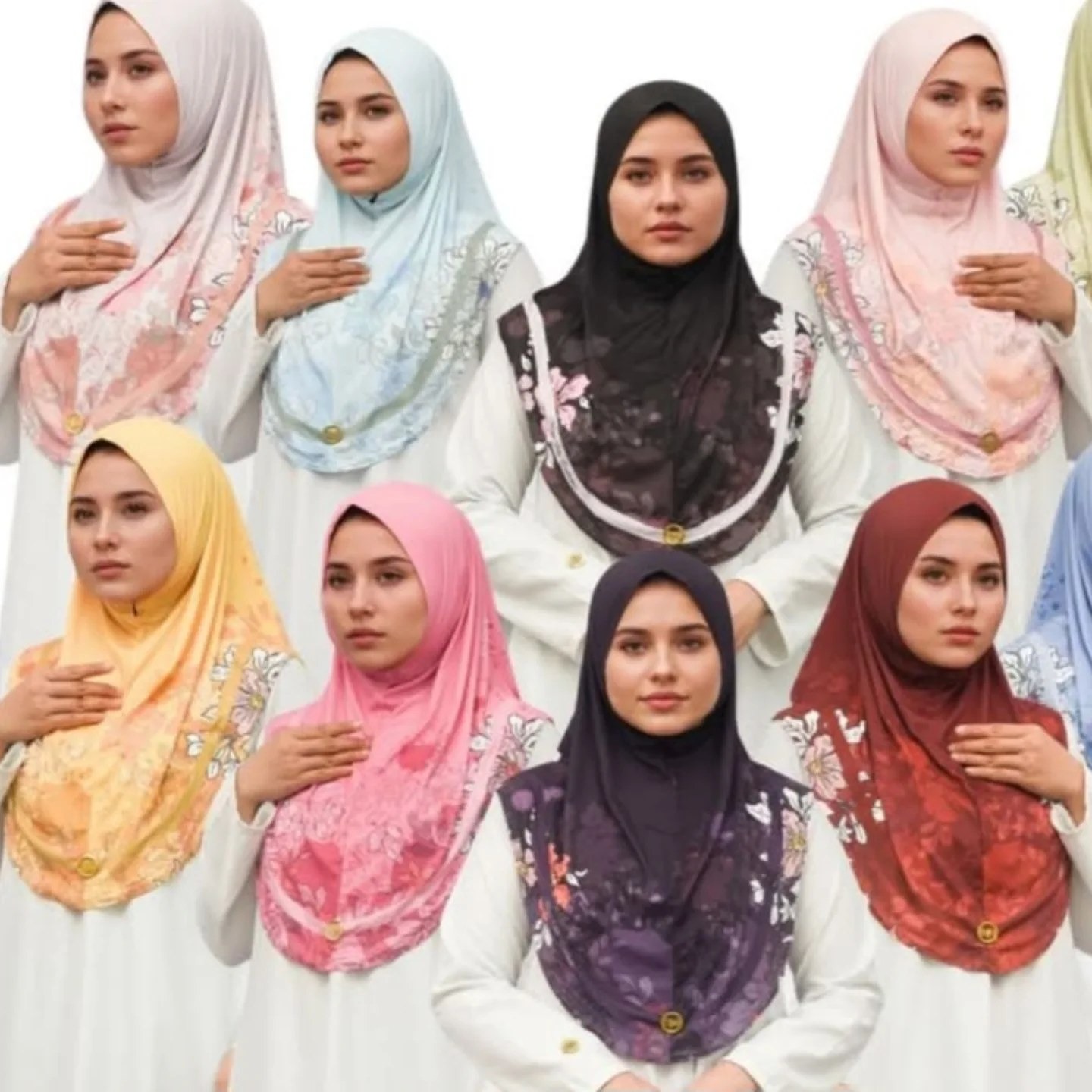 A photorealistic image of a seamstress carefully altering a hijab. The lighting is soft and focused, highlighting the precision of her work. The color palette is muted and professional. The setting is a well-equipped sewing studio. Technical specs: high resolution, shallow depth of field, focus on the seamstress's hands and the details of the fabric.